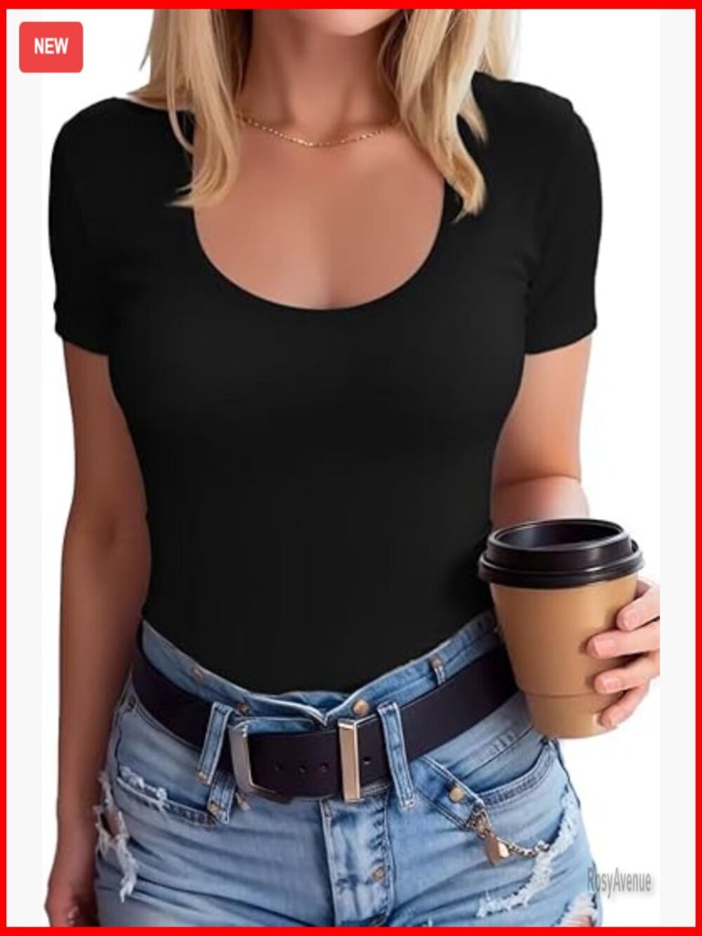 Scoop Neck Short Sleeve Ribbed Knit T-Shirt Slim Fitted Casual Basic Top